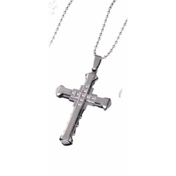 Crystal Cross Pendant Necklace Stainless Steel Silver Zirconia Jewelry Chain - Picture 1 of 5